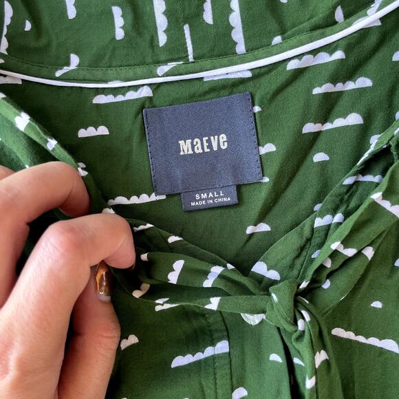 Maeve Anthropologie Green White Cloud Print Tie-Front Blouse - Size S - Picture 4 of 6